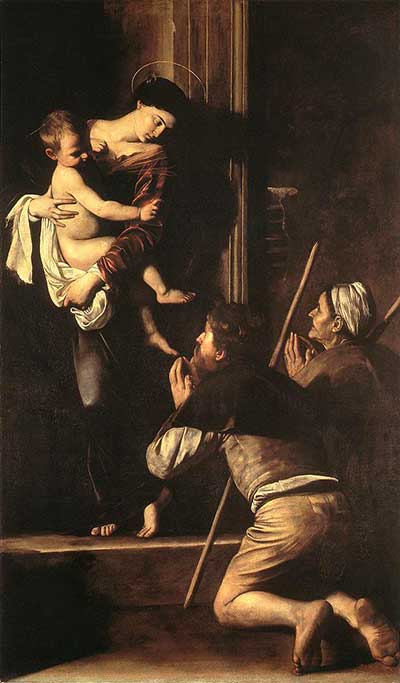 Caravaggio, Madonna dei pellegrini, 1604-1606, Olio su tela, cm 260x150, cappella Cavaletti, Sant'Agostino, Roma